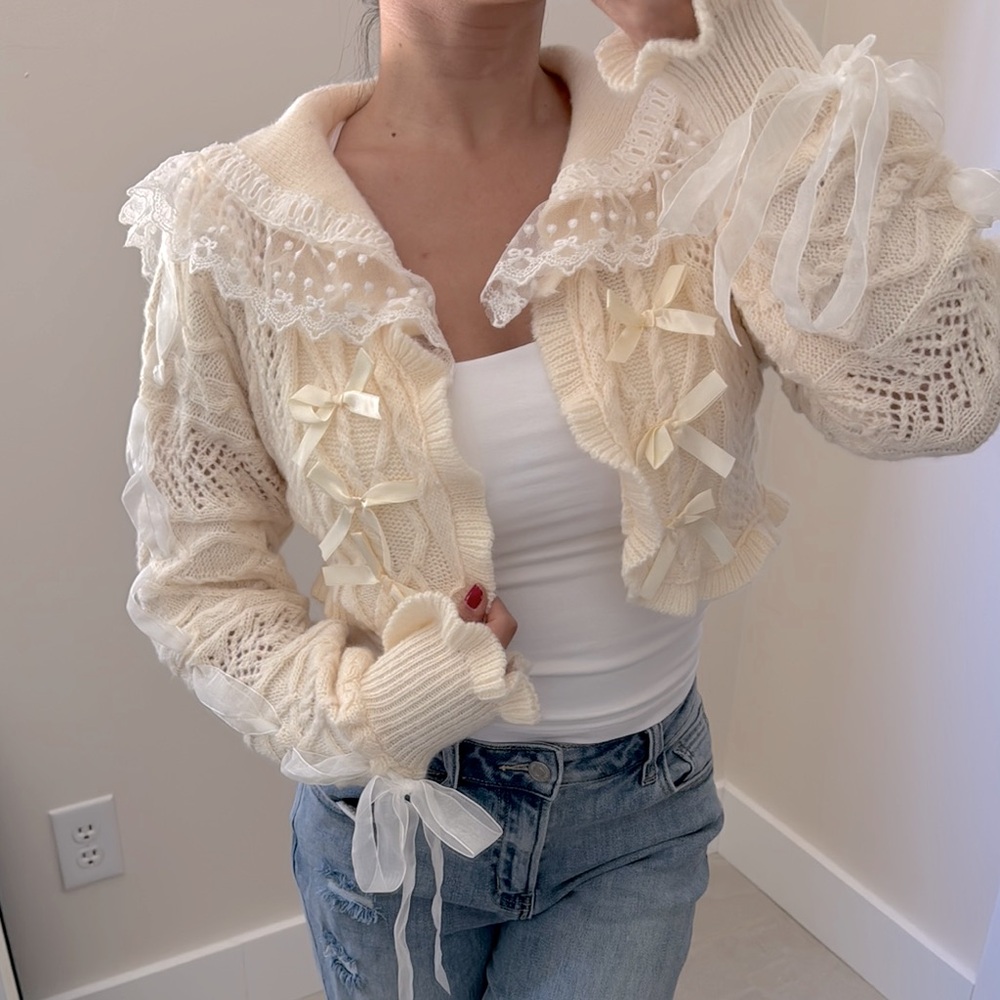 Cream Knit Cardigan with Lace and Ribbon Details
